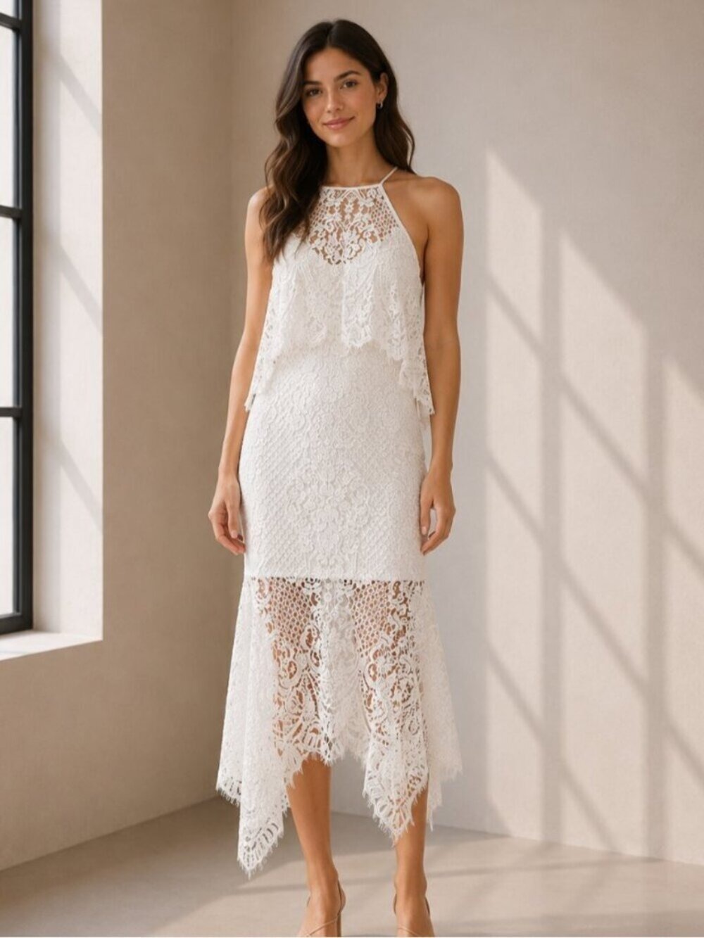 Shona Joy Ivory Eyelash Lace Handkerchief Midi Dress High Neck NWT US 2 0511